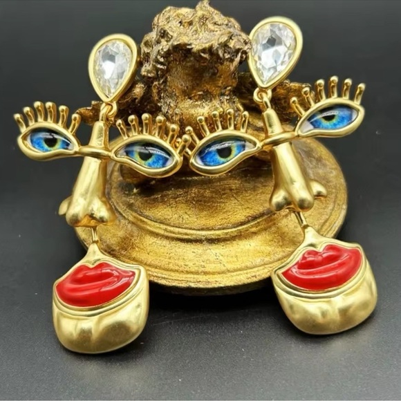 Anthropologie Visage Surrealism Gold Blue Eyes Earrings - Picture 1 of 8